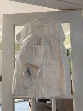 Ivory Lace Baby Christening Gown with Bonnet - Traditional Infant Baptism Dress